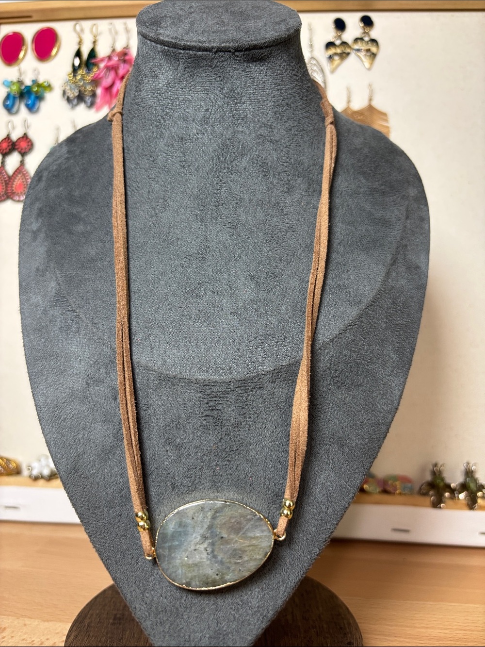 Brown Suede Necklace with Oval labradorite Stone Pendant with gold setting